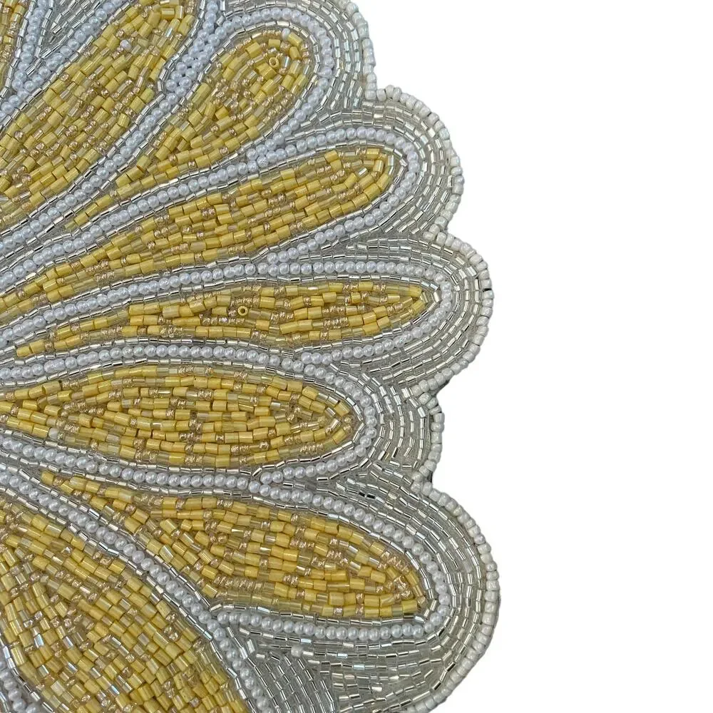 TAHARI HOME Glass Hand Beaded Charger Placemat Summer Yellow & White Floral NEW